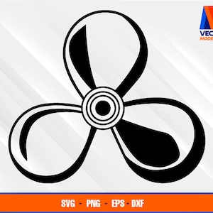 May include: Black and white propeller design with three curved blades radiating from a central hub. The image includes the text "SVG - PNG - EPS - DXF" at the bottom and a logo in the upper right corner.
