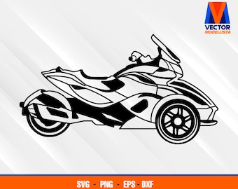 May include: Black and white silhouette of a three-wheeled motorcycle. The motorcycle has a sleek, modern design with a large front wheel and two smaller rear wheels.