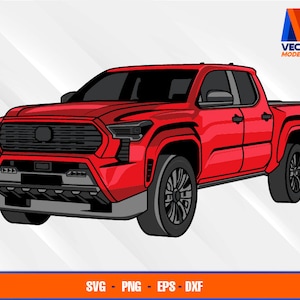 May include: A red pickup truck with a black grille and black wheels. The truck has a black bumper and a black bed.