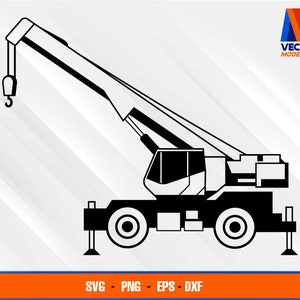 May include: Black and white silhouette of a crane truck with a long arm and a hook. The truck has four wheels and a cab with a windshield.
