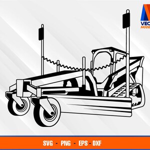 Puede incluir: Ilustración vectorial en blanco y negro de una motoniveladora. La motoniveladora tiene una cuchilla, ruedas y una cabina. La imagen incluye el texto "VECTOR MODELLISTA" y opciones de tipo de archivo: SVG, PNG, EPS y DXF.