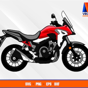 May include: A red and black motorcycle with a black seat and a black exhaust pipe. The motorcycle has a large front wheel and a smaller rear wheel.