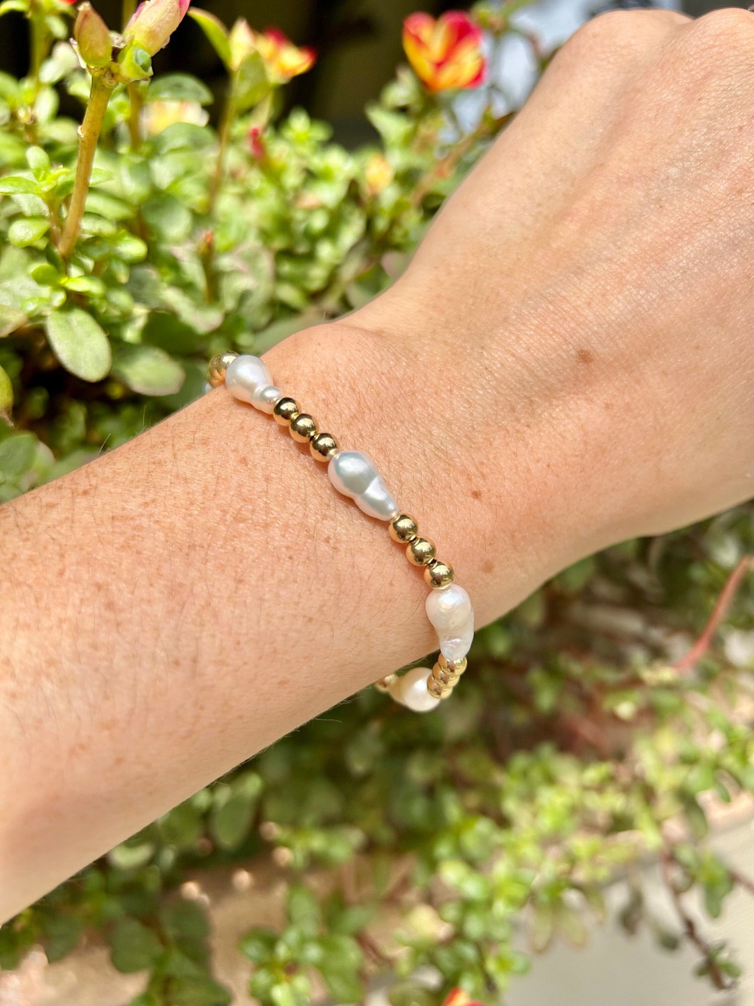 Pearl and Gold Beaded Bracelet 14k Gold Bracelet Pearl Etsy