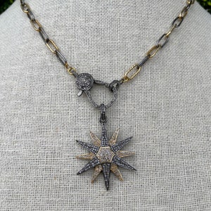 Pave Diamond Sunburst Pendant Necklace: Two-Tone Sterling Silver & Gold