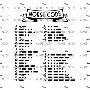 Puede incluir: Gráfico blanco con texto e ilustraciones en negro. Presenta una tabla de código Morse con letras y números, las palabras "MORSE CODE" en una pancarta y la frase "ALMOST ALIEN" repetida, junto con ilustraciones de ovnis.