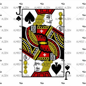 Peut inclure: Une carte à jouer représentant le Valet de Pique. La carte présente un design rouge, noir, jaune et blanc. Le texte "ALMOST ALIEN" est répété autour de la carte.