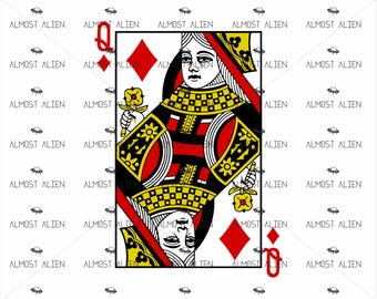May include: Queen of Diamonds playing card design. The card features a red diamond suit symbol, a portrait of a queen, and the text "ALMOST ALIEN" repeated around the edges. The card has a black, red, and yellow color scheme.