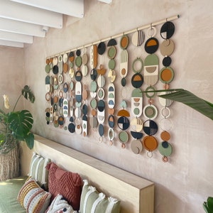 Large Modern Wall Hanging – Handmade Mid Century Art – Geometric Wooden Art – Burnt Orange Olive Green Decor – Extra Wide Statement Piece