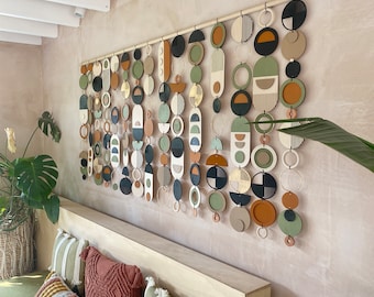 Large Modern Wall Hanging – Handmade Mid Century Art – Geometric Wooden Art – Burnt Orange Olive Green Decor – Extra Wide Statement Piece