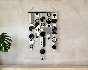 Large Plywood Tapestry Wall Hanging – Black Geometric Art, Handmade