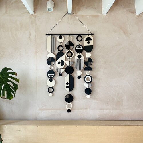 Large Plywood Tapestry Wall Hanging – Black Geometric Art, Handmade