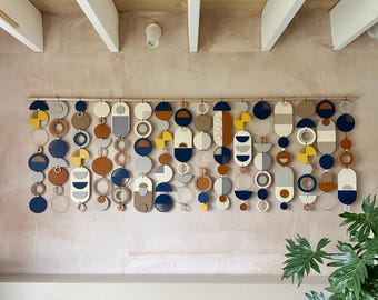 Large Abstract Wall Art – Mid Century Modern Statement Wall Hanging in Navy, Yellow, Orange