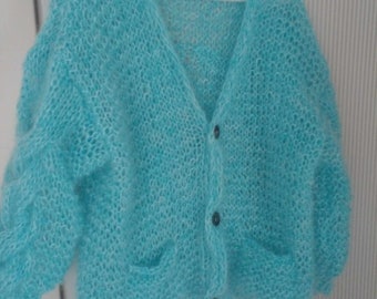 Turquoise mohair cardigan with embroidery and buttoned pockets. mohair cardigan. embroidery