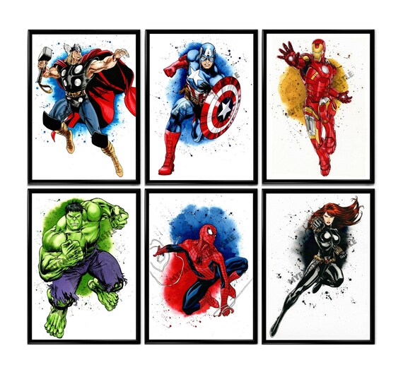 Set 6 Superheroes PRINT, ORIGINAL Watercolor Superhero Avengers Marvel Hulk Captain America
