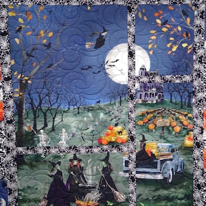 May include: A Halloween-themed quilt with various panels depicting spooky scenes. Panels include witches, skeletons, a full moon, pumpkins, and a haunted house. The quilt has a dark blue background with a spiderweb and newspaper print border.
