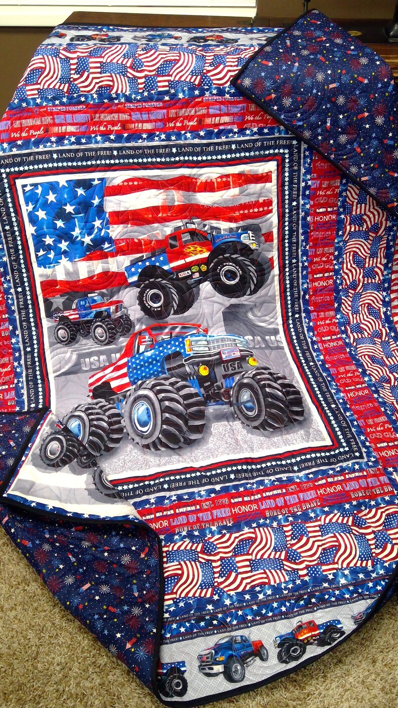 Patriotic handmade quilt American trucker monster truck Etsy