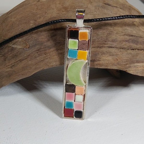 MOSAIC NECKLACE in SILVER Setting With 20" Black Leather Cord Mosaic Jewelry Multi Colored Pendant Handmade Tiny Ceramic Tiles