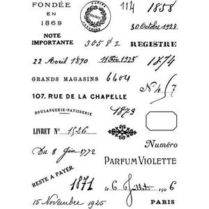 May include: A collection of vintage French text elements in black, including dates, phrases like "Grands Magasins," and decorative flourishes. The design features handwritten fonts and a classic aesthetic.