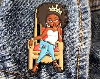 Black Queen on Throne Enamel Pin, Afro Queen Pin, Hard Enamel Pin, African American Women, Lapel Pin for Her, Graduation, Black Woman Gift