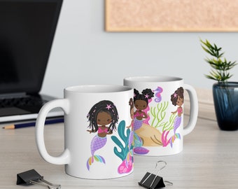 Tazza di sirena nera / Sirena di melanina / Sotto il mare / Tazza di caffè afroamericana / Regalo per ragazza nera / Tazza in ceramica per ragazze nere 11oz
