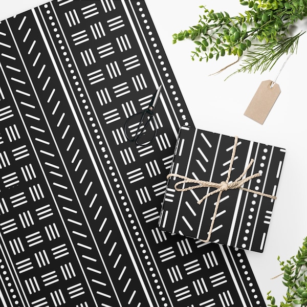 Tribal Wrapping Paper | Mudcloth Inspired Gift Wrap African American Paper | Melanin Gift Wrap | Afrocentric | Black and White Pattern