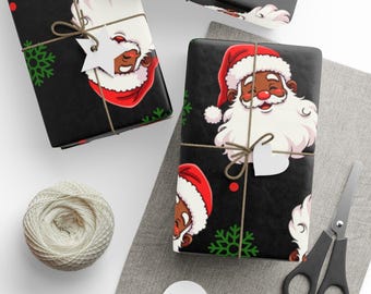 Papel de regalo con cabezas de Papá Noel negras - Barbas navideñas - Hogar afroamericano - Navidad con alma afro - Accesorio de invierno