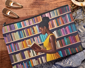 Estuche con cremallera para mujer negra leyendo, caminata de chica afro - Amante de los libros - Propiedad de personas negras - Lectura literaria - Bolsa de viaje literaria - Estuche para lápices para escritoras