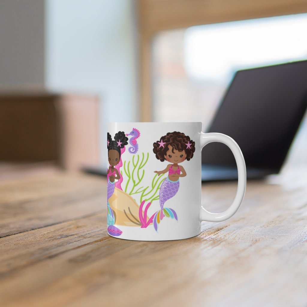 Black Mermaid Mug | Melanin Mermaid | Under the Sea | African American  Coffee Cup | Gift for Black Girl | Black Girls Ceramic Mug 11oz