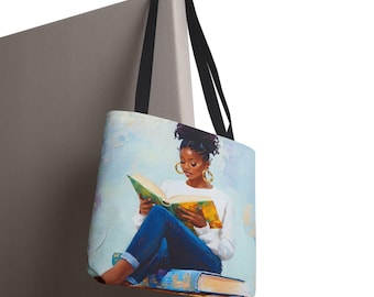 Bolso de niña negra y sus libros, mujer negra leyendo, arte afro, arte inspirado en bibliotecas, bolso literario, amante de los libros, estudiante de HBCU, chica educada