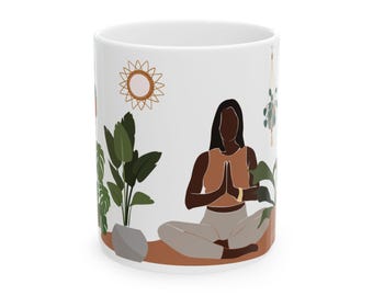 Melanin Black Women Plant Mug | African American Plant Lover Gift | Plant Mom Lady | Gift for Black Yogi | Green Thumb - Ceramic Mug 11oz