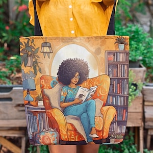 Black Girl Reading Tote Bag, Melanin Bookish Gift, African American, Brown Skin Readers, Gift for Black Girl, Librarian Gift