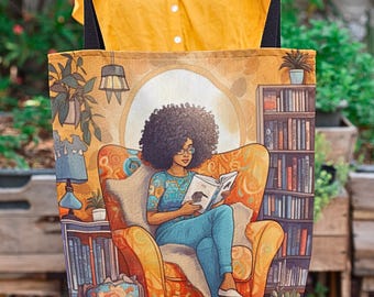 Bolsa de tela para niña negra leyendo, regalo para lectores afroamericanos de piel morena, regalo para niña negra, regalo para bibliotecaria.