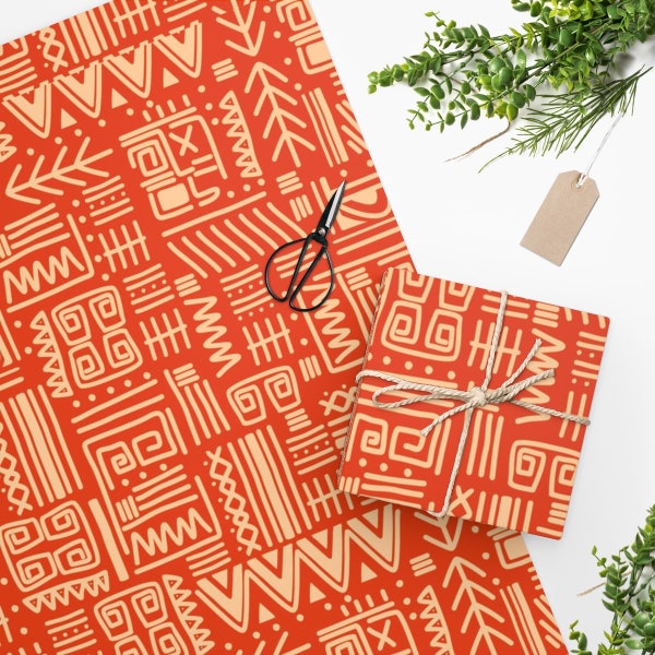 African Inspired Wrapping Paper | Mudcloth Look Gift Wrap African American Gift | Melanin Gift Wrap | Afrocentric | Orange and White Pattern