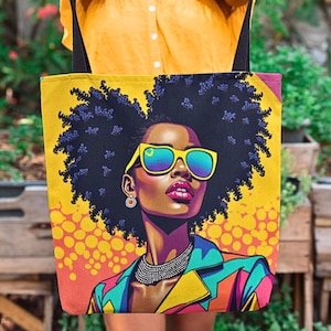 Afro Curly Woman Tote Bag - Colorful Design - Black Girl Style - Melanin Lady - Brown Skin - Gift for Her  Brown Skin Readers Gift
