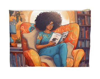 Bolsa de cremallera de lectura de mujer negra, accesorio afrocéntrico, natural para mujer, dama de piel marrón, amante de los libros, bolsa de viaje de melanina - regalo para mujeres negras