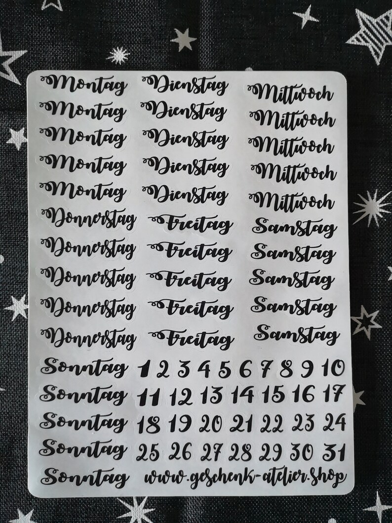 Sticker sheet of weekdays numbers for Bujo Filofax Journal Planner image 1