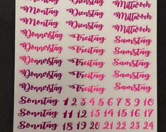 Sticker sheet weekdays + numbers for Bujo Filofax in pink/glitter foil