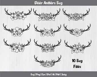 Deer Antlers Svg Bundle, Floral Antlers Cut File, Deer Floral Antlers Svg, Antlers Silhouette, Deer Cut, Deer Coral, Flower Antler clipart