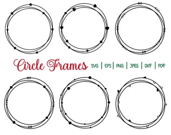 Scribble circle set frames with dots, leaves, stars, Monogram frame SVG, Text frame SVG, Wedding frame svg, Circle Frame set Cricut svg