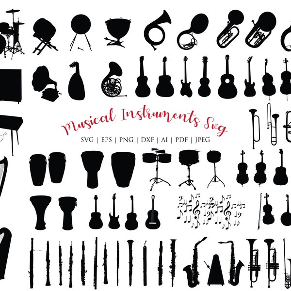 Music Instruments Svg Bundle - Guitar Svg, Music Drum Svg , Music Equipments Svg, orchestra svg, clip arts, png, cricut svg, cut files