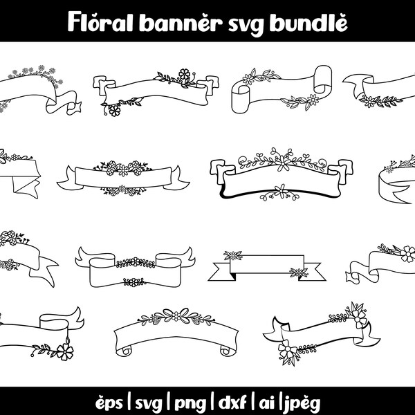 Floral banner svg bundle, Flower banner svg, Ribbon svg, Flower Ribbon svg cut file, Floral ribbon clipart, Floral banner cricut svg, png