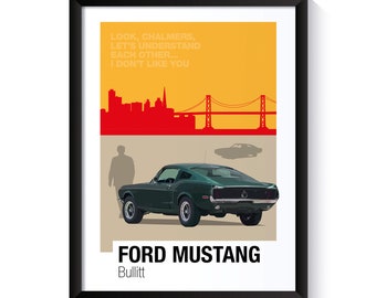 Ford Mustang, Bullitt, beroemde auto's, afdrukbare poster, kunst aan de muur voor filmfans, kunst aan de muur kantoor, digitale DOWNLOAD