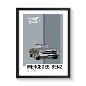 Mercedes Benz SL 230, klassieke auto&#39;s, afdrukbare poster, kunst aan de muur voor fans van klassieke auto&#39;s, Office Wall Art, DIGITALE DOWNLOAD