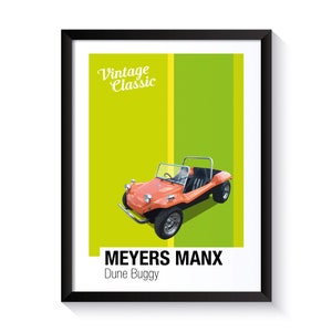 Puede incluir: Un póster vintage con un buggy de dunas Meyers Manx rojo sobre un fondo verde. El póster tiene el texto "Vintage Classic" y "Meyers Manx Dune Buggy".