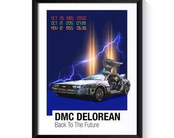 May include: A silver DeLorean time machine with the doors open, surrounded by blue and purple lightning bolts. The text "OCT 26 1985 09:00", "OCT 21 2015 07:28", and "NOV 12 1955 06:38" is displayed in red and green digital font. The text "DMC DELOREAN" and "Back To The Future" is displayed in black text.