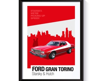Ford Gran Torino, Starsky y Hutch, coches famosos, cartel imprimible, arte de pared para fanáticos del cine, arte de pared de oficina, DESCARGA DIGITAL