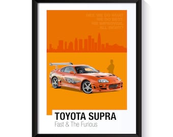 Toyota Supra, Fast and the Furious, kända bilar, utskrivbar affisch, väggkonst för filmfans, kontorsväggkonst, digital nedladdning