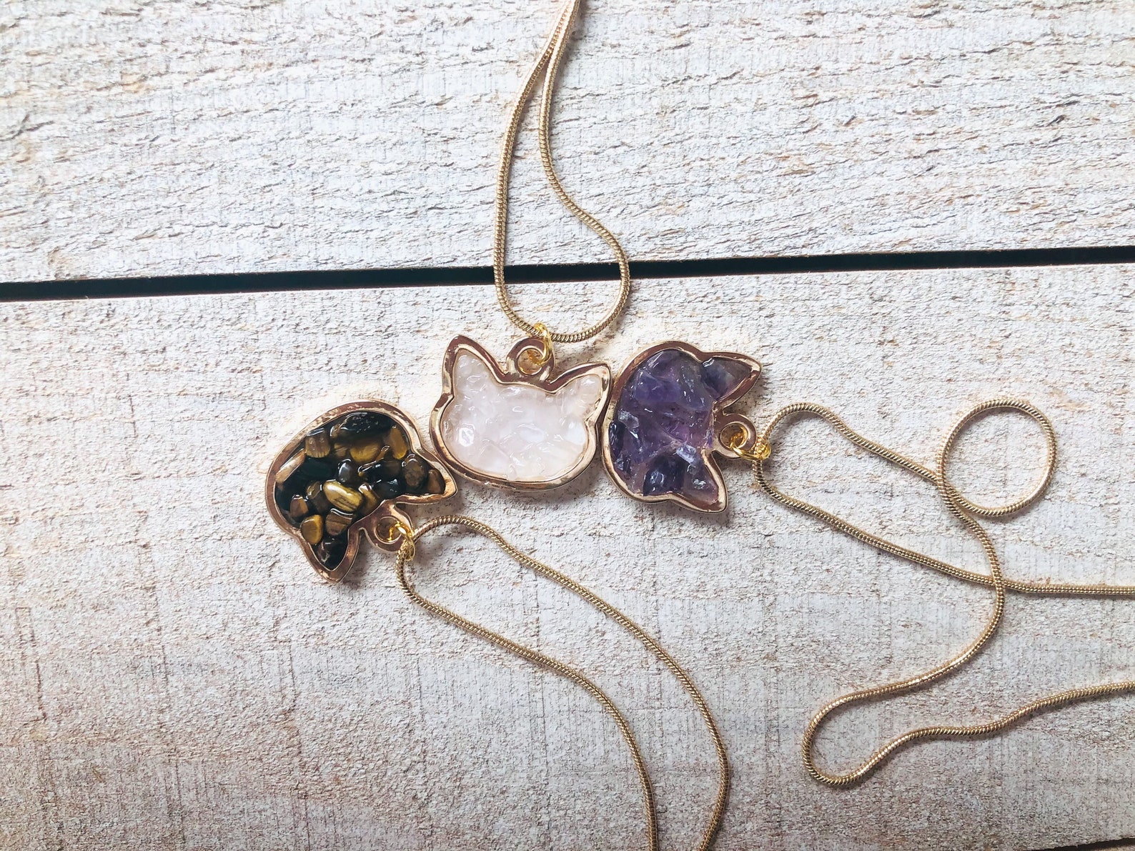 Raw gemstone crystal cat charm necklaces cat mom jewelry Etsy