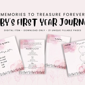 Journal de la première année de bébé - Fleurs aquarelles roses - Téléchargement numérique imprimable instantané - Livre de bébé - Pages souvenir de jalon de bébé