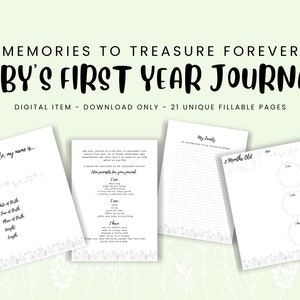 Journal de la première année de bébé - Fleurs grises - Téléchargement numérique imprimable instantané - Livre de bébé - Pages souvenir de jalon de bébé